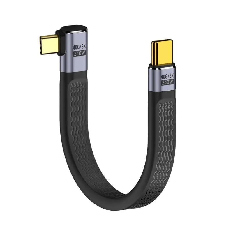 Short black USB4 cable with right-angled connectors, flat slim profile, 13 cm long