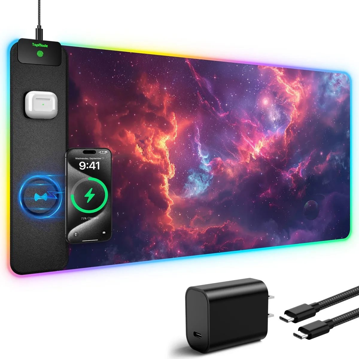 TopMade RGB Mouse Pad 31.5x15.8 Galaxy Nebula Wireless Charging — product photo