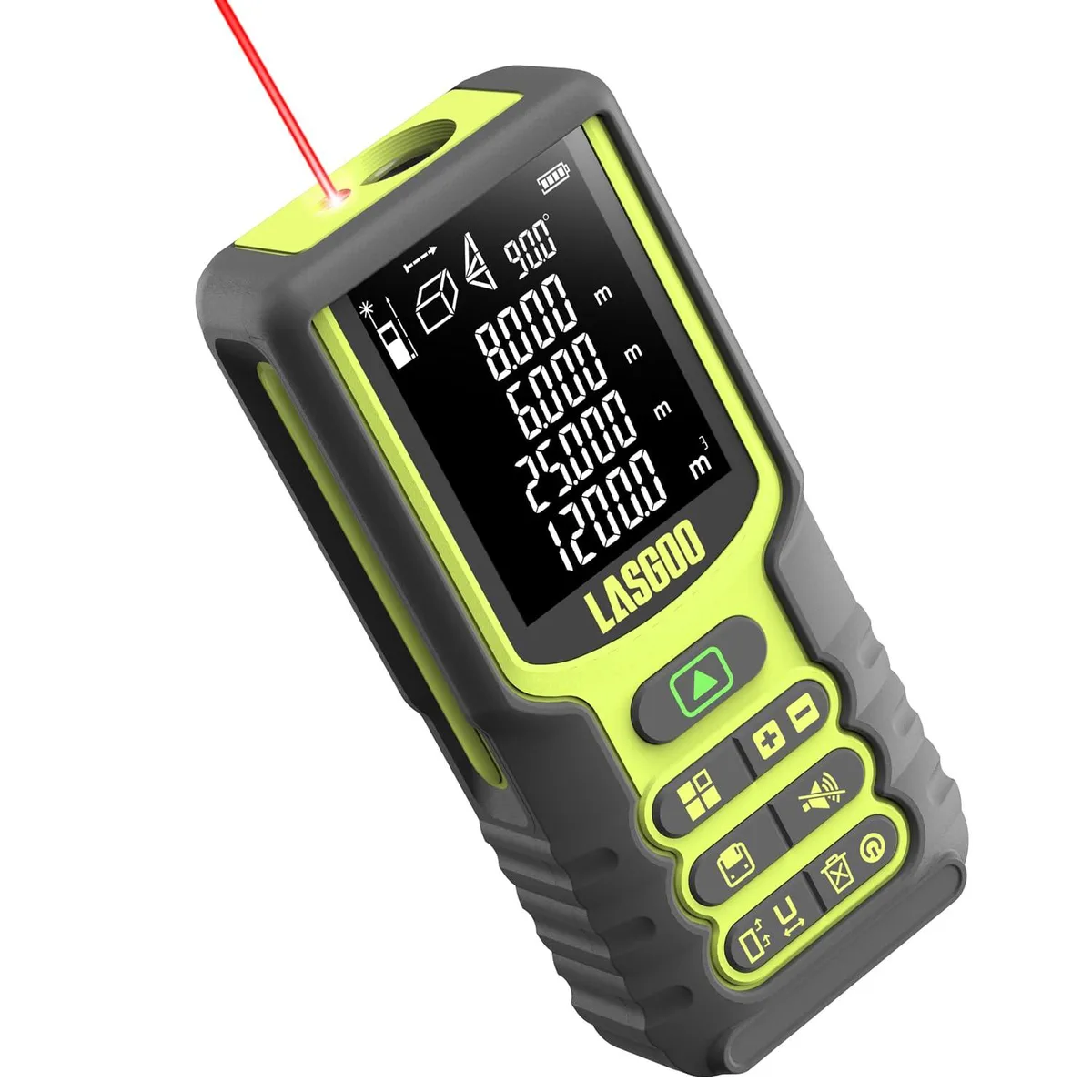 Compact handheld laser measure with backlit LCD screen and rubberised grey finish