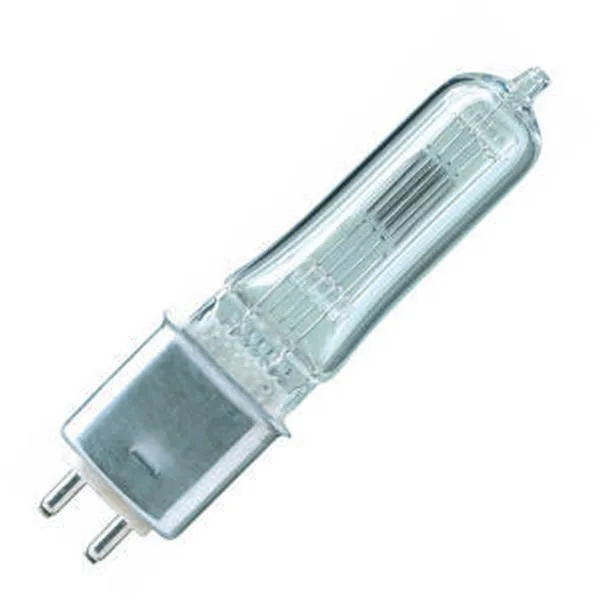 A clear glass halogen lamp with G9.5 bipin base