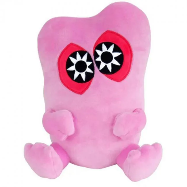 Pink Hedorah plush with embroidered details, soft Mochi Minky fabric, approximately 8 inches tall