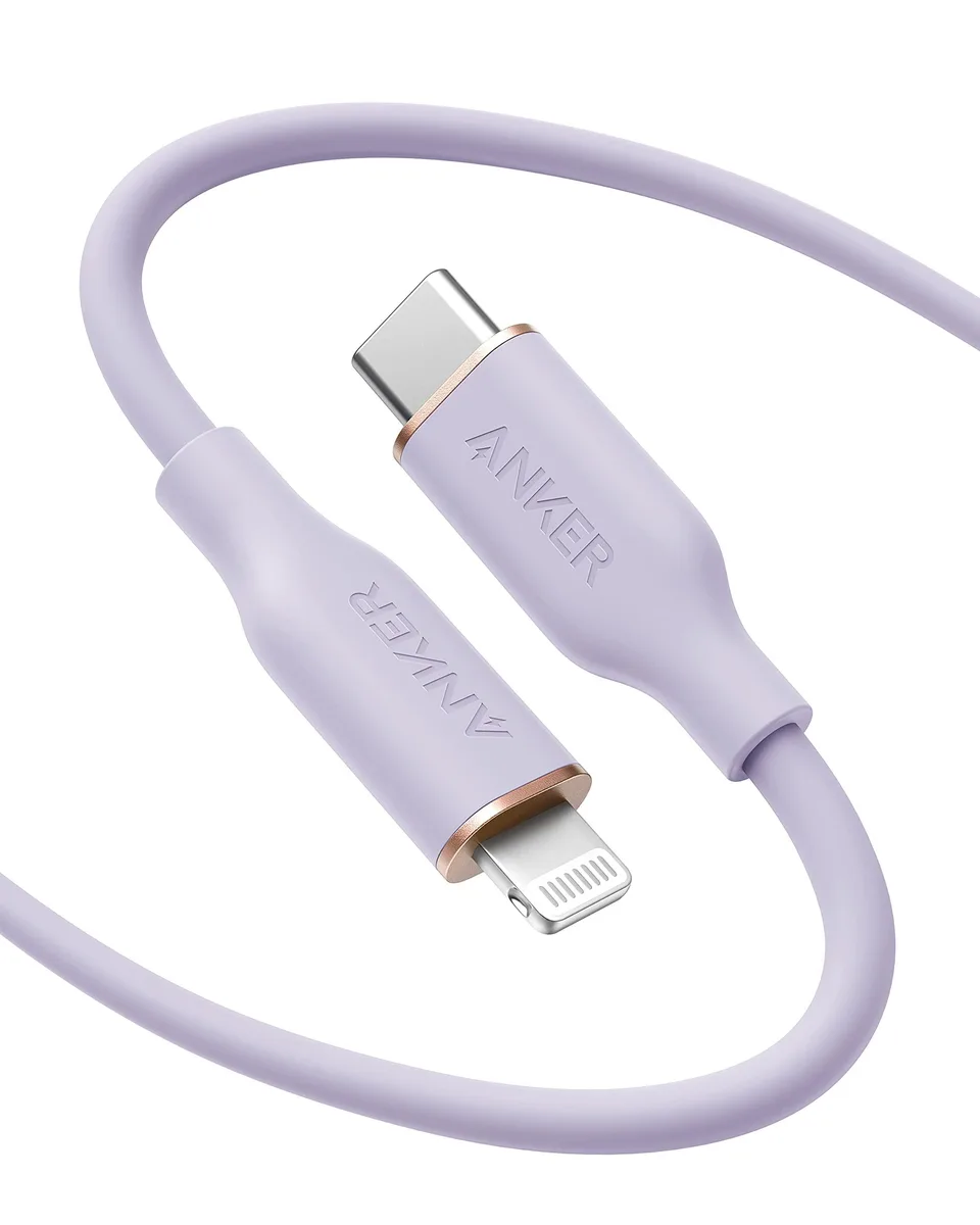 Lilac purple USB-C to Lightning cable with soft silicone finish, six feet long
