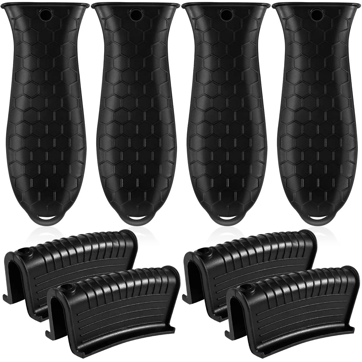 Eight black silicone handle covers with honeycomb texture and hanging holes