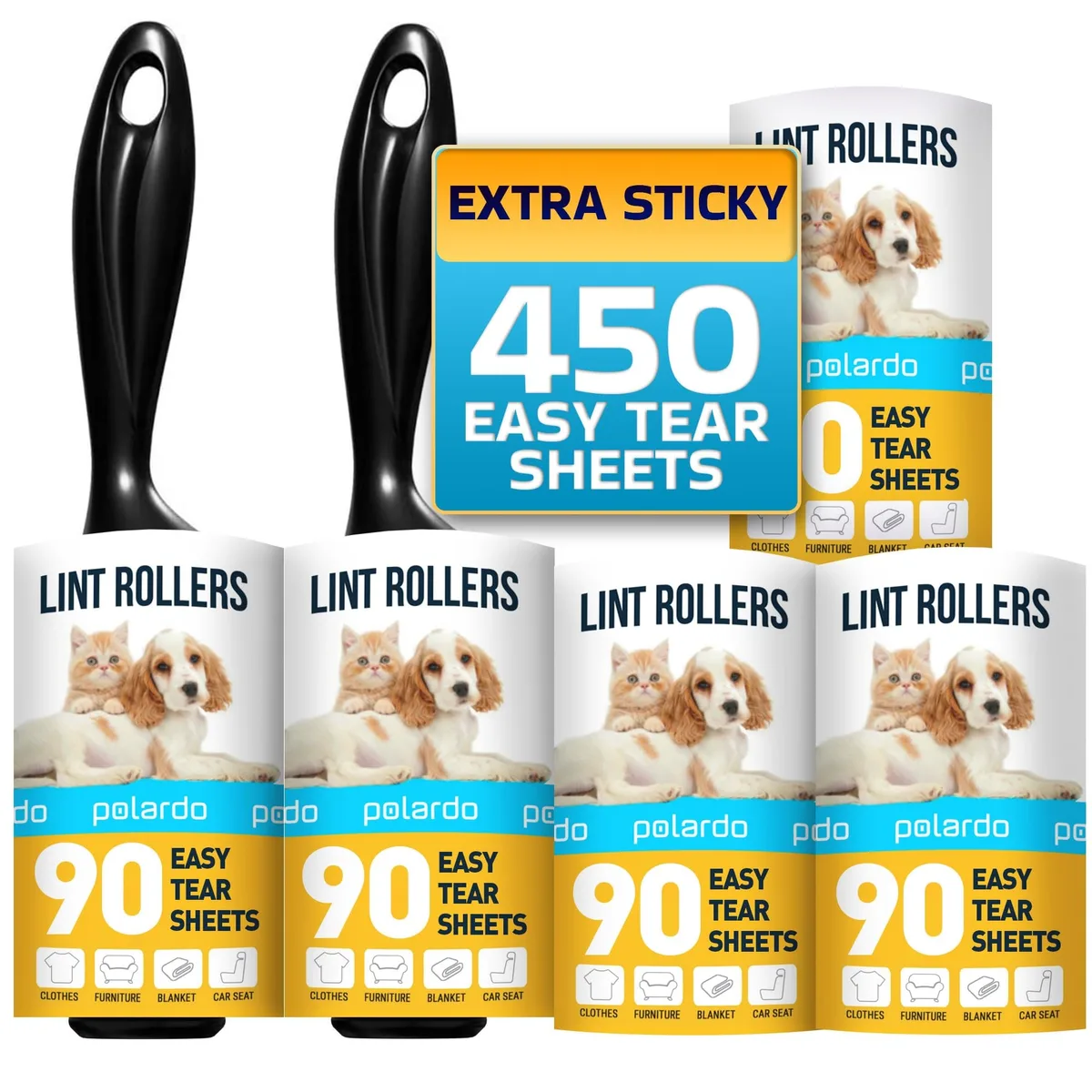 White plastic lint roller set, five refills, 450 sheets total, ergonomic handles, compact size