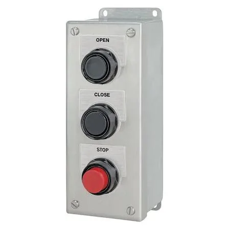 Stainless steel control station with three flush buttons labelled open close stop