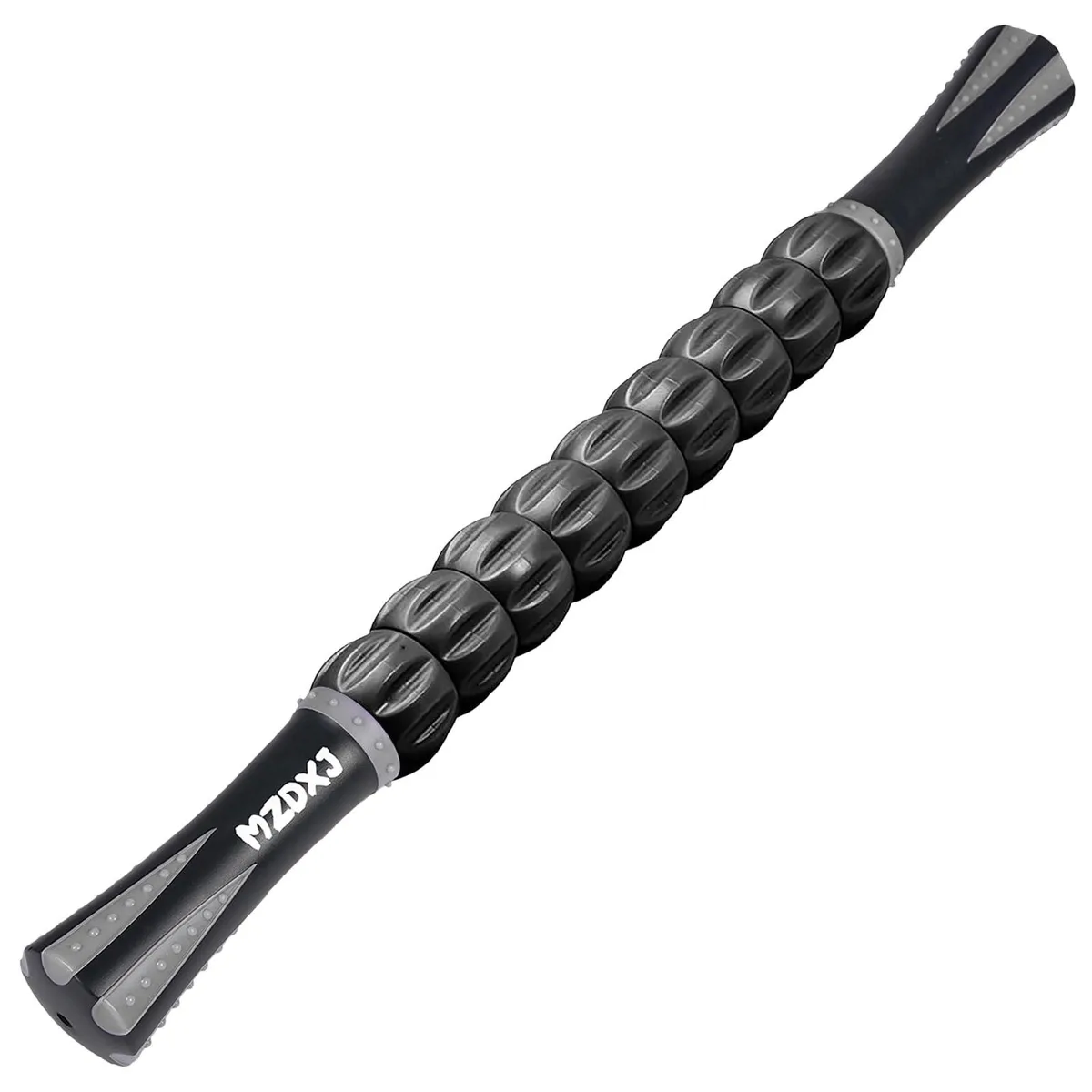 Black handheld massage roller stick with 14 wheels spanning 18 inches
