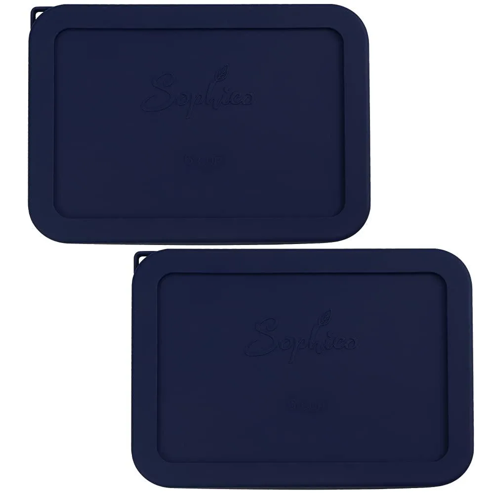 Two rectangular blue silicone lids with hanging holes