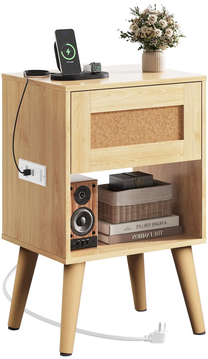 Natural oak nightstand with woven drawer front, side charging station, smooth-glide drawer, anti-slip feet