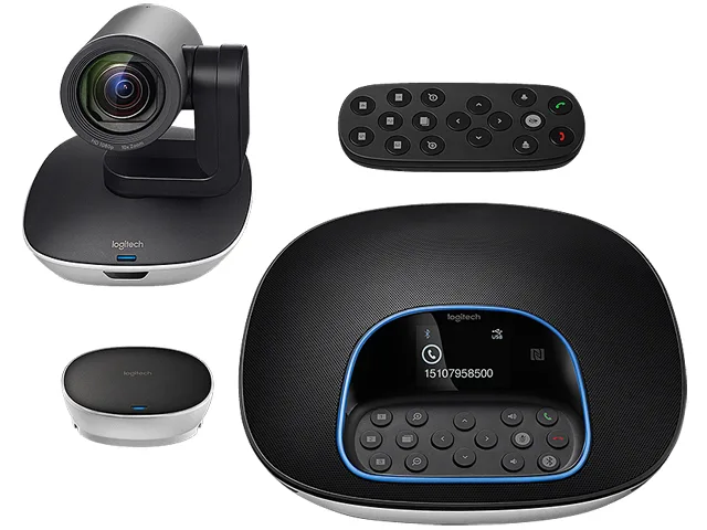 Logitech Group video conferencing kit with camera, speakerphone, hub, remote and mount
