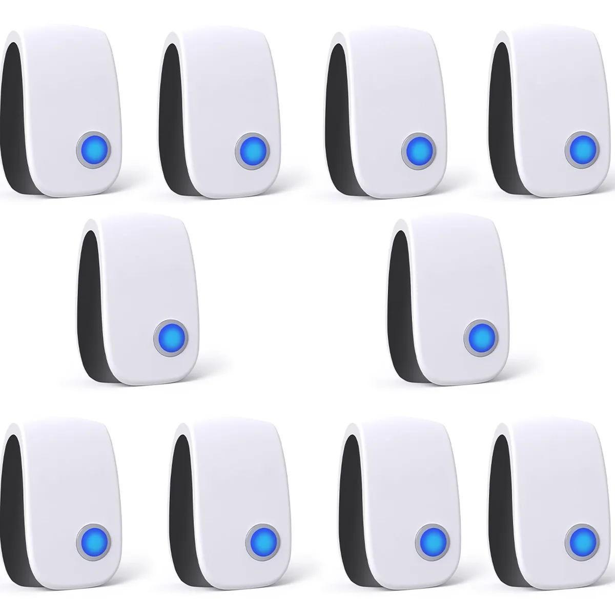 White plug-in ultrasonic pest repeller with blue indicator light