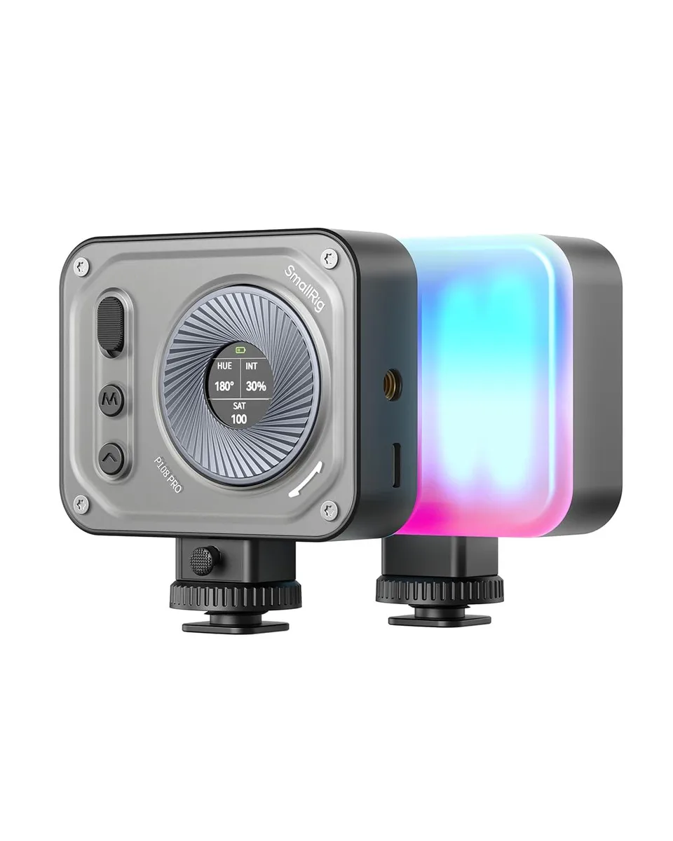 Small rectangular LED light in light grey with ring knob and LCD screen