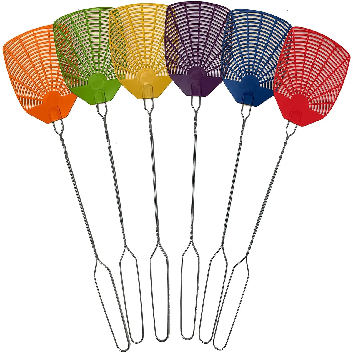 Six fly swatters with braided metal handles and plastic heads
