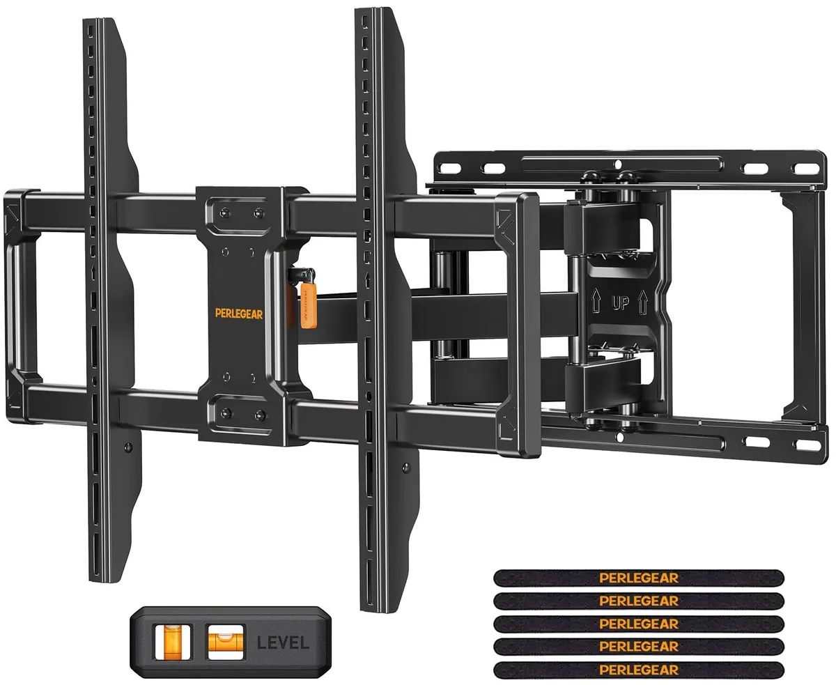 Black steel full-motion TV wall mount with six articulating arms, wide wall plate and fold-flat design