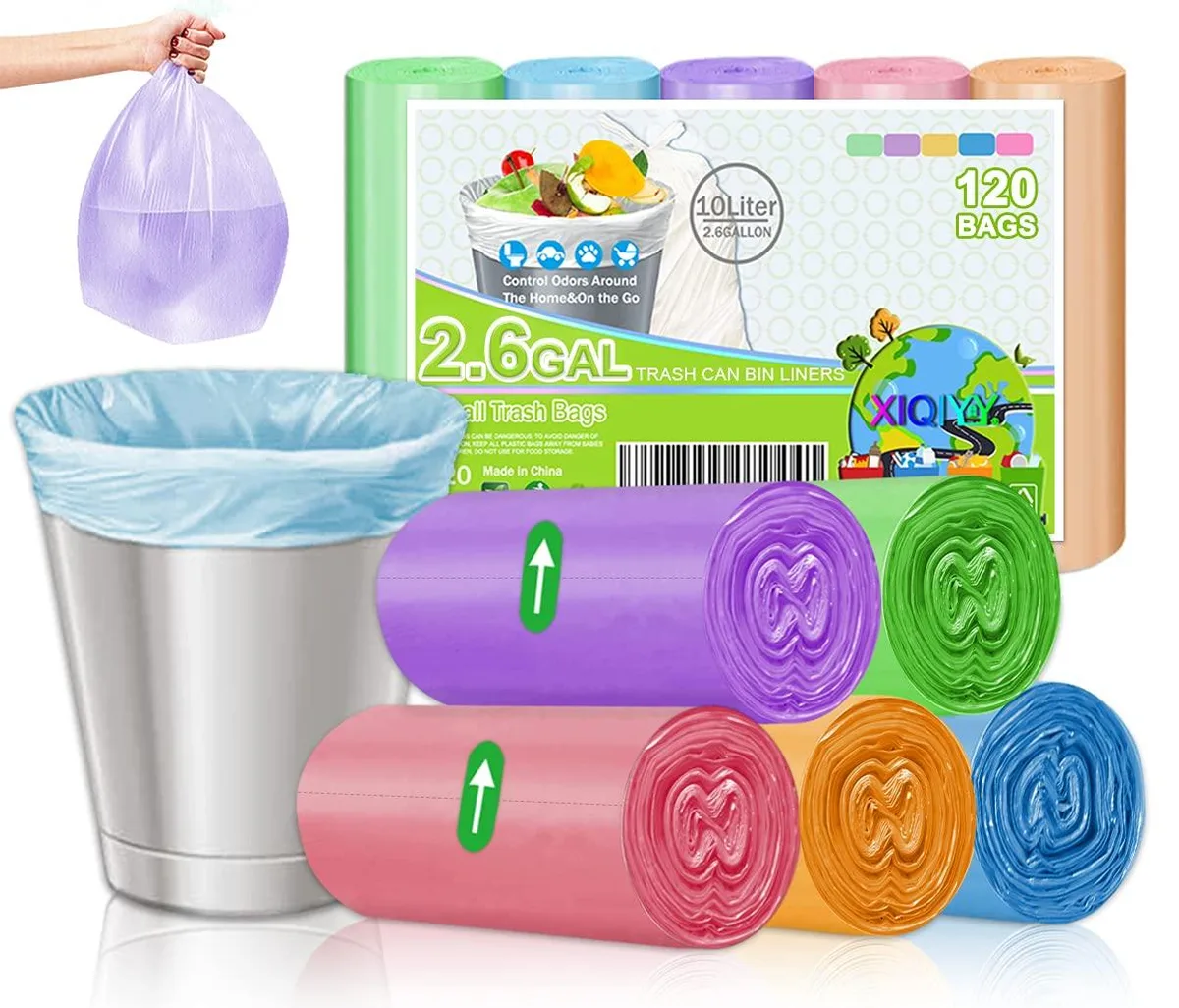 A pack of 120 translucent rainbow biodegradable trash bags on five coloured rolls
