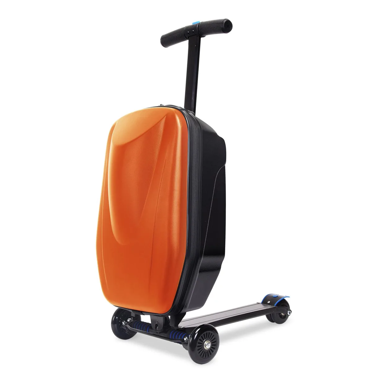 Orange 20 inch foldable scooter luggage with LED wheels and adjustable handle