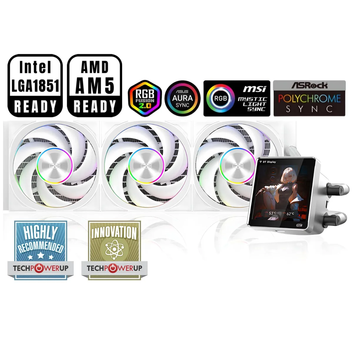 PCCOOLER PCCOOLER DT360 ARGB Display liquid cooler White 360mm 3.4" IPS LCD — product photo
