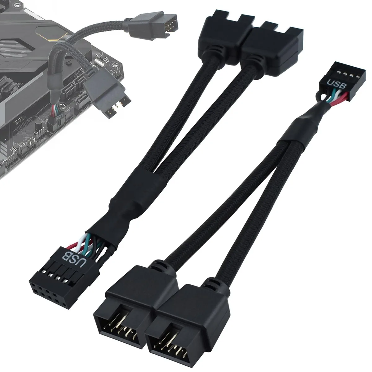 Two black nylon-braided USB 2.0 header splitters with 9-pin male and dual female connectors, 15cm long