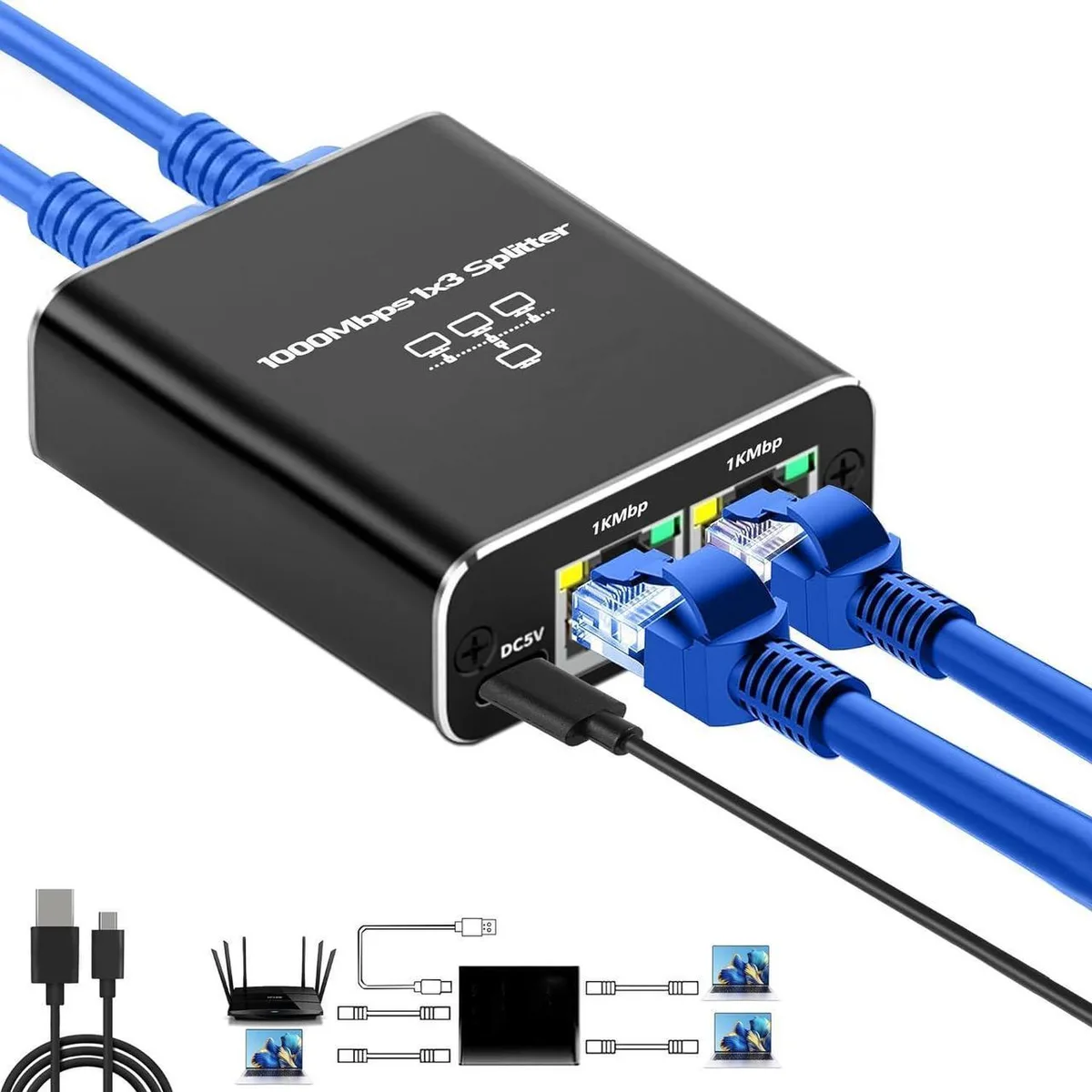 Vszerda Vszerda Gigabit Ethernet Splitter 1 to 3 Ports with 0.8 m USB Power Cable — product photo