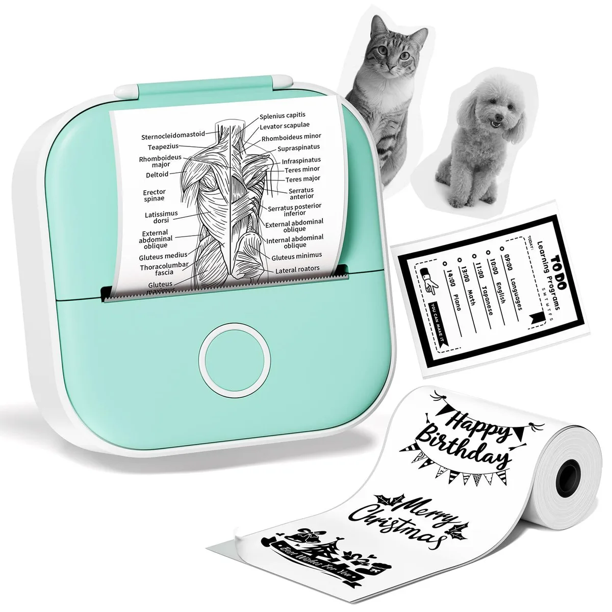 Compact white rectangular thermal label printer with USB cable and sticker roll visible