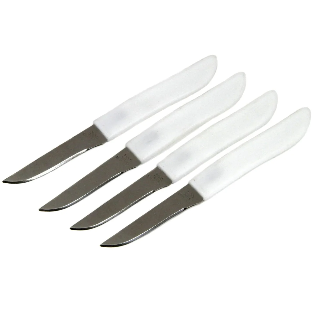 Four stainless steel paring knives with black handles, 2.5 inch blades
