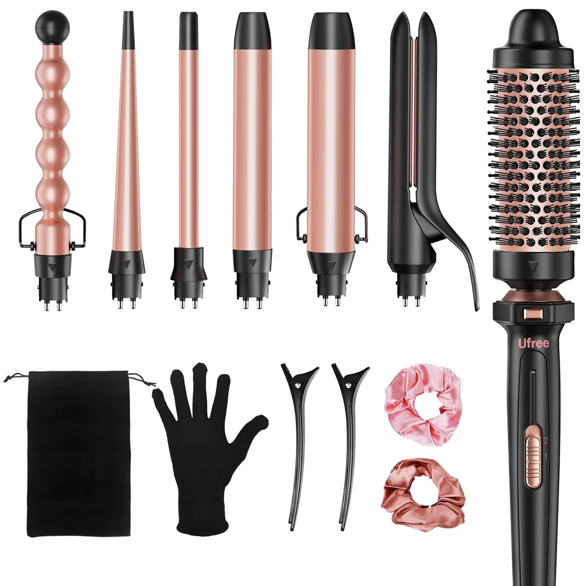Rose gold 7-in-1 curling iron set with interchangeable ceramic barrels, thermal brush, straightener and storage bag