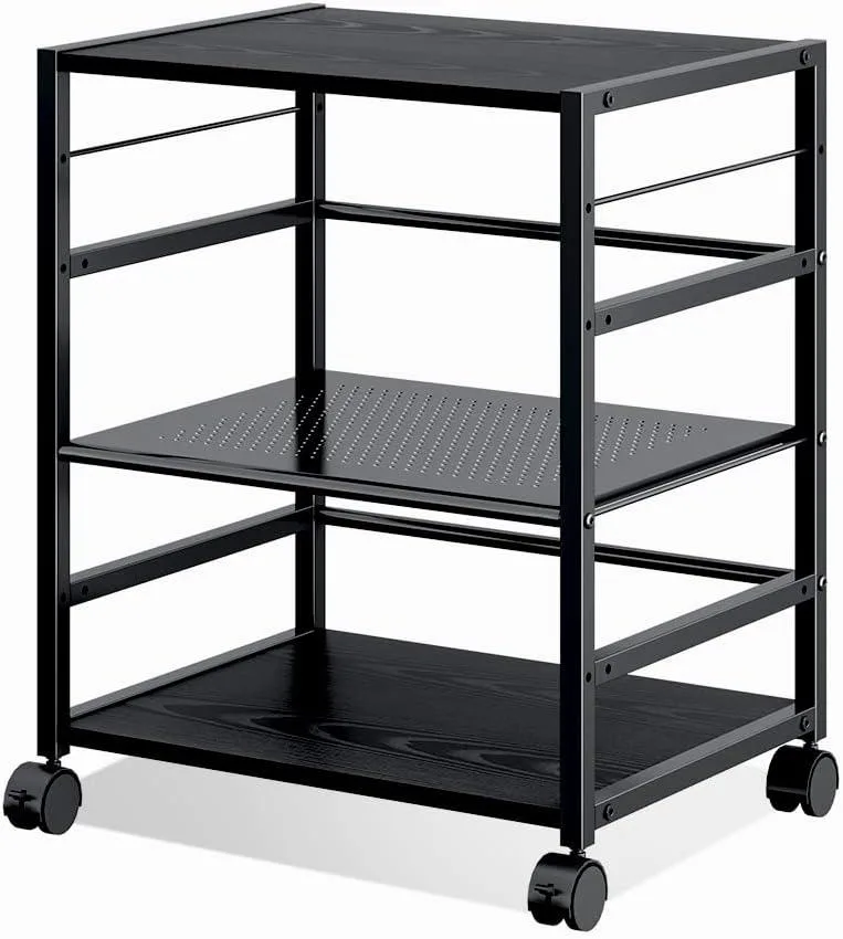 Black three-tier mobile printer stand with adjustable shelves and lockable casters