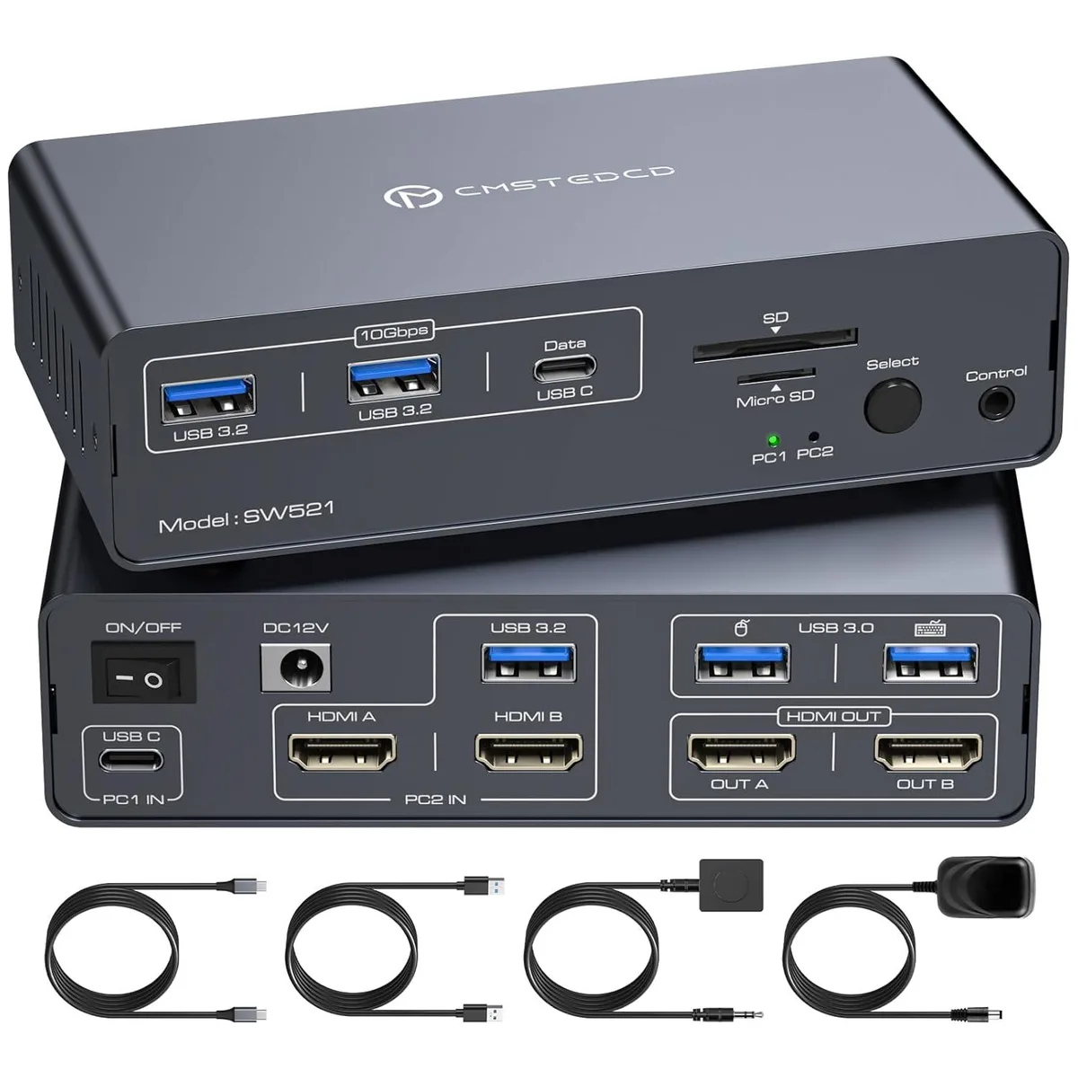 IHDAPP IHDAPP SW521 KVM switch 2 monitors 2 computers 4K 60Hz 13 in 1 USB 3.2 USB C Thunderbolt 3 4 5 — product photo