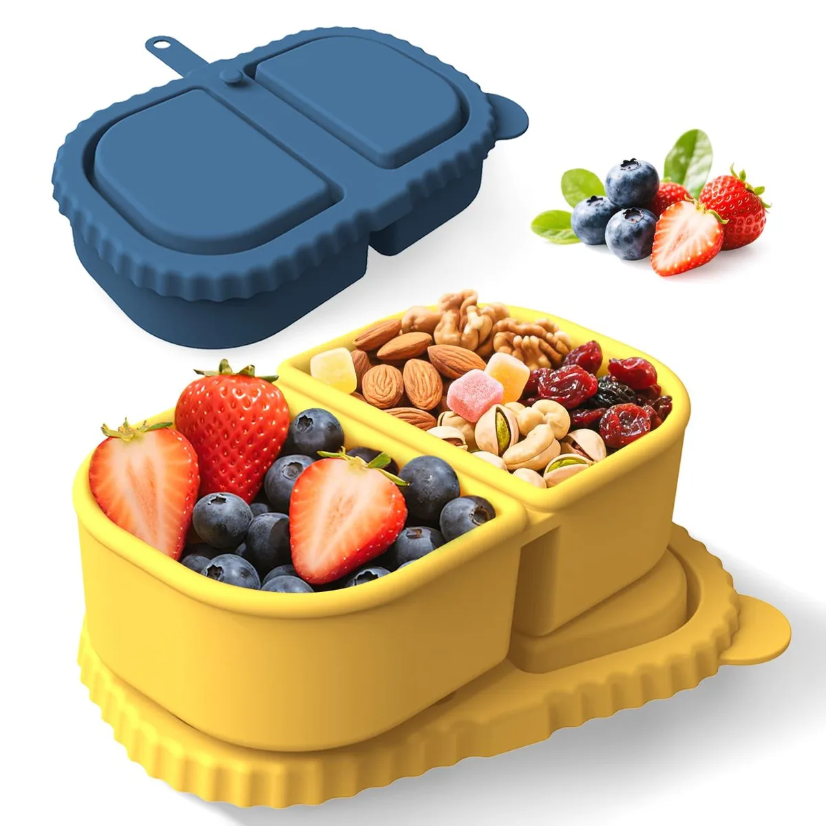 Two matte silicone snack boxes, dark blue and yellow, each with a lid and two inner compartments, stacked together