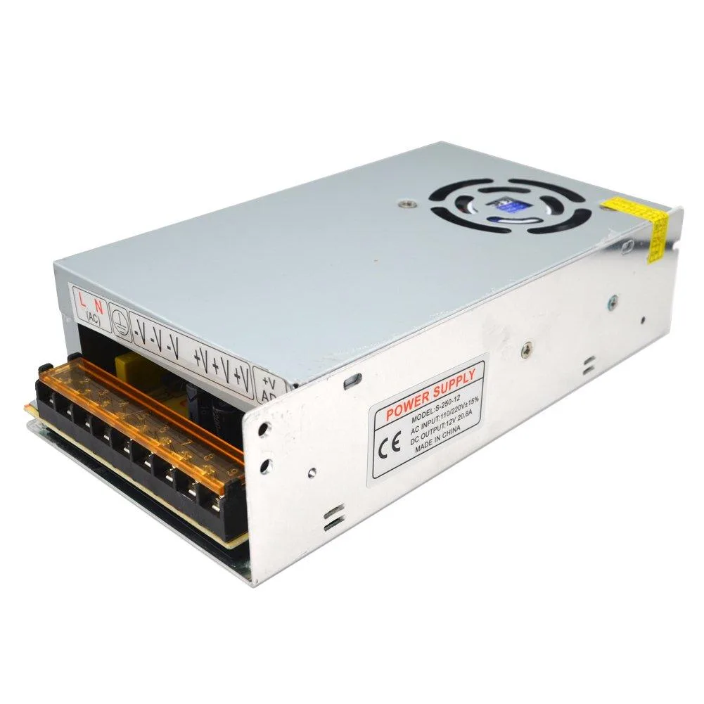 Rectangular aluminium power supply unit with input voltage selector switch and screw terminals