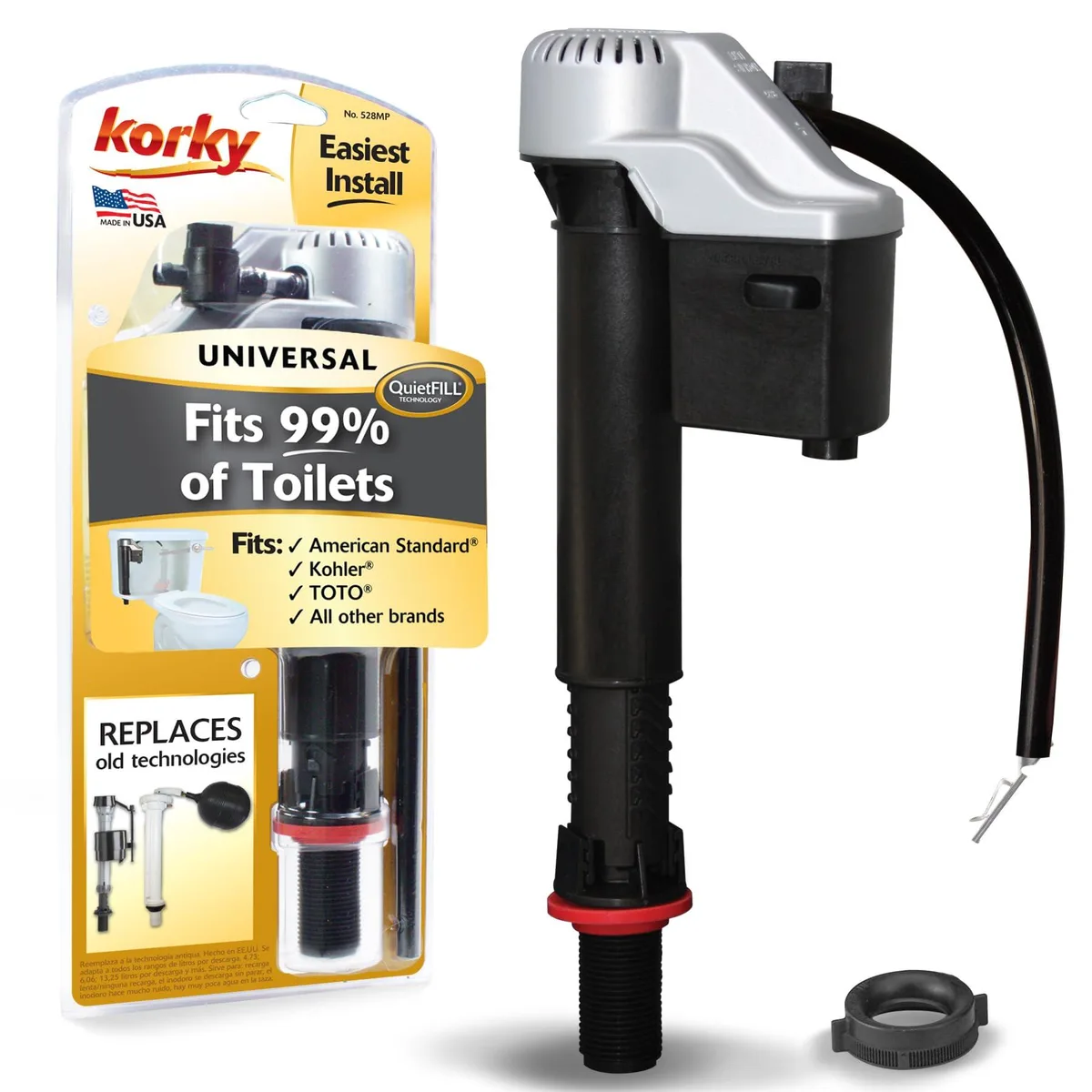 White plastic toilet fill valve with adjustable height shaft and float, includes refill tube and mounting hardware
