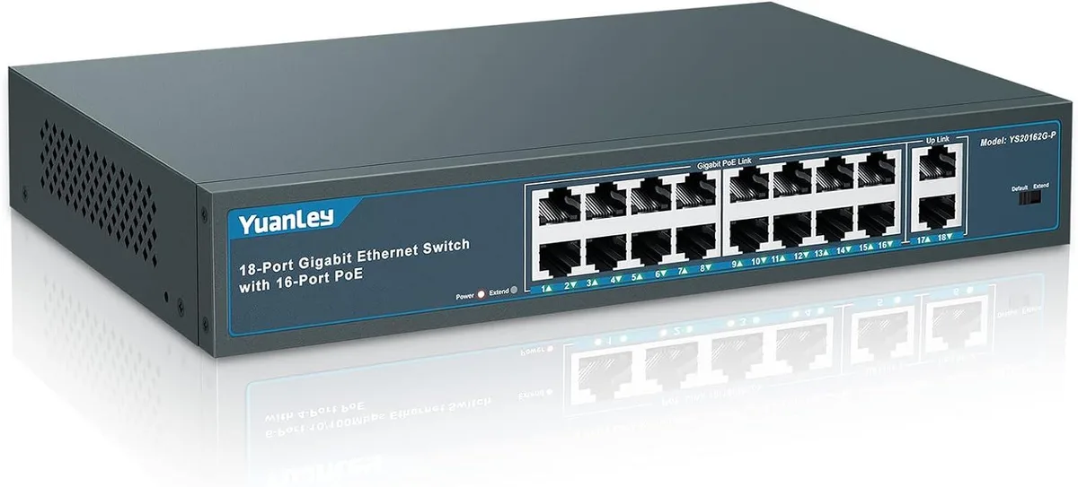 BFKK BFKK 18 Port Gigabit PoE+ Switch 16×PoE 2 Uplink 250W Metal — product photo