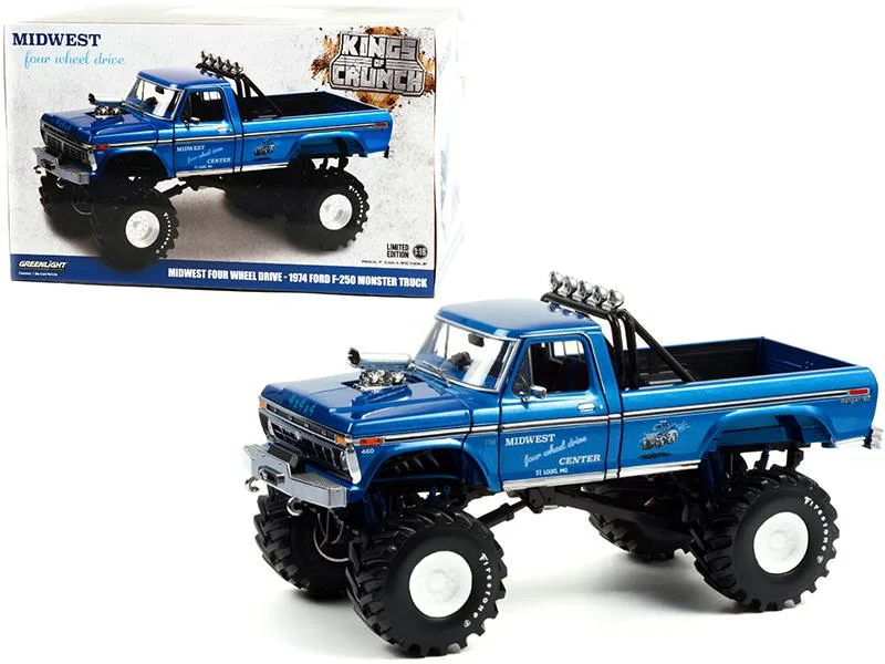 GREENLIGHT GREENLIGHT 1974 Ford F-250 Ranger XLT Monster Truck 48-Inch Tires Blue Metallic 1/18 Diecast — product photo