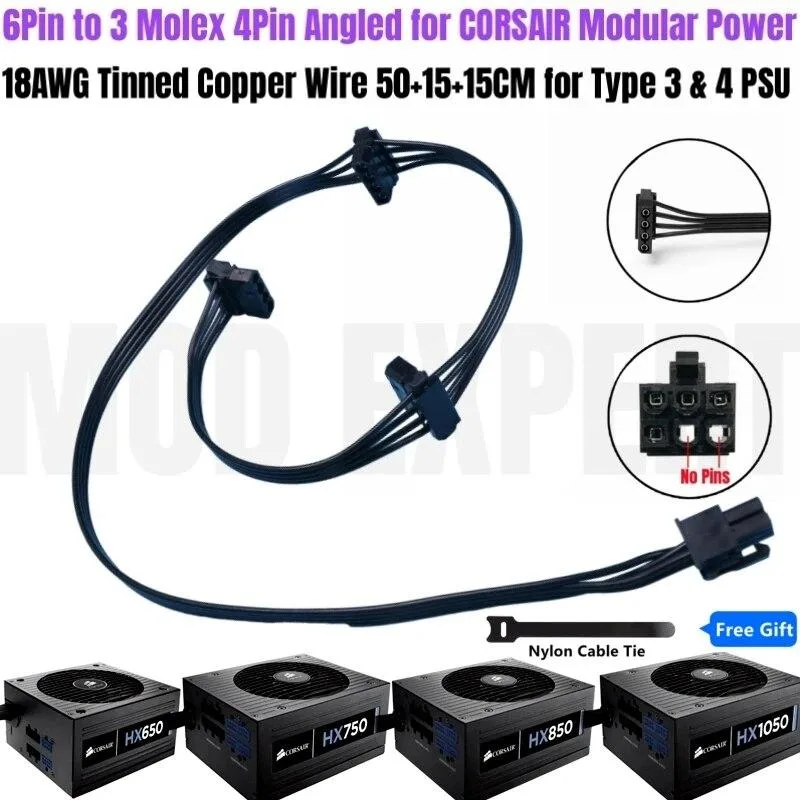 YEPLOOK YEPLOOK 6Pin to 3x Molex/Floppy Angled Cable for Corsair HX650/HX750/HX850/HX1050 PSU — product photo