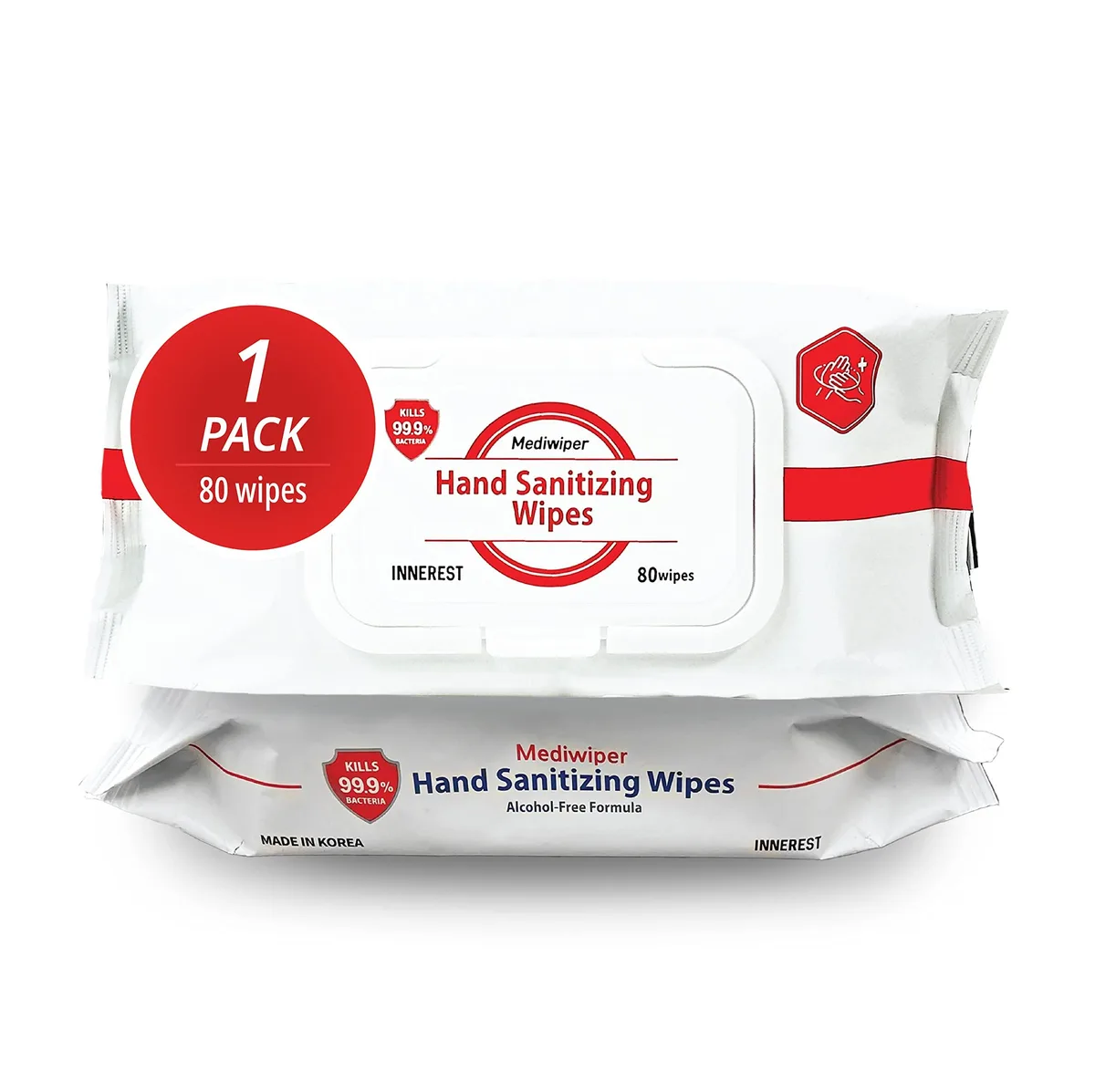 Rectangular white plastic tub with flip-top lid, labelled MEDIWIPER FC alcohol-free sanitizing wipes 80 count
