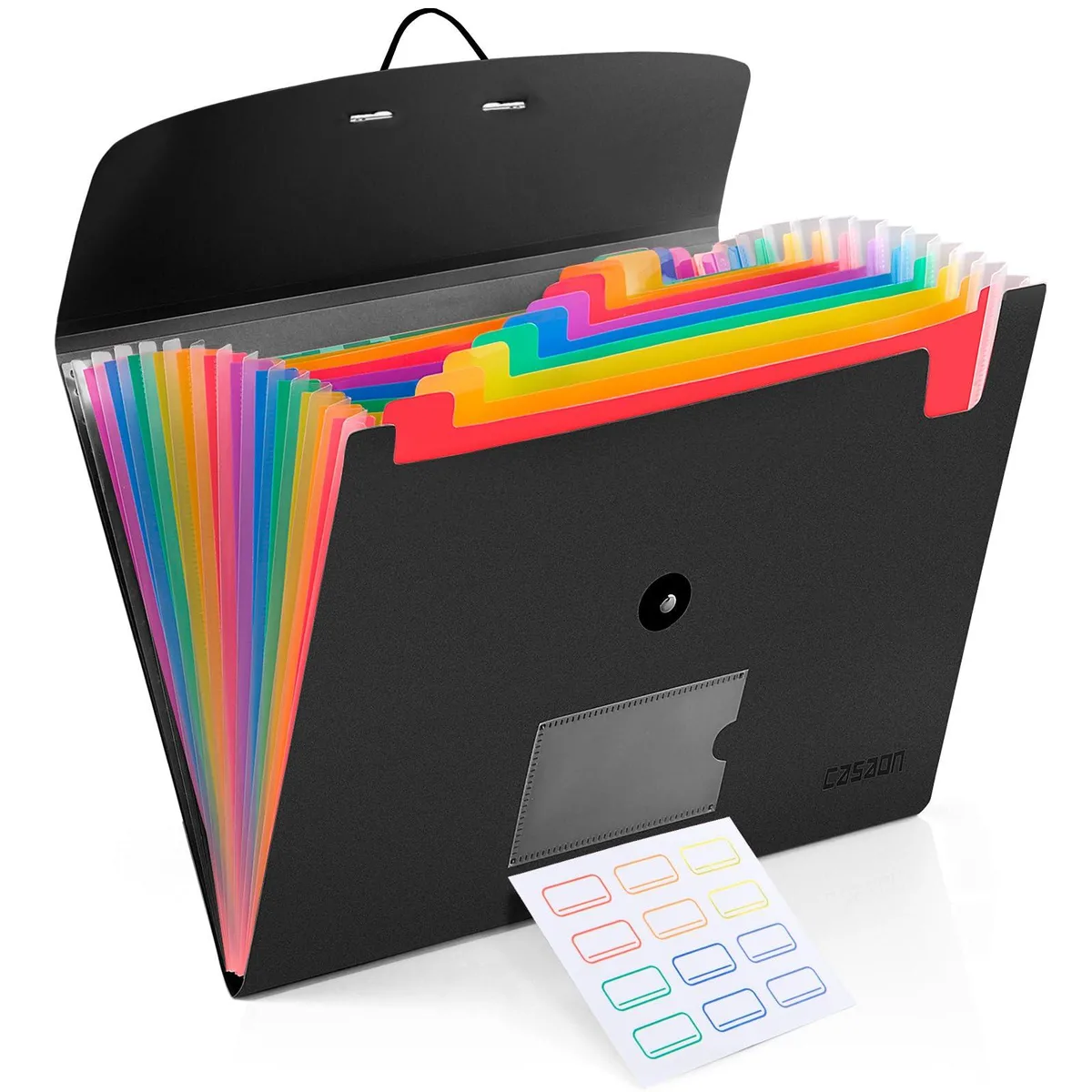 Black 13-pocket expanding accordion file folder, A4 size, plastic finish