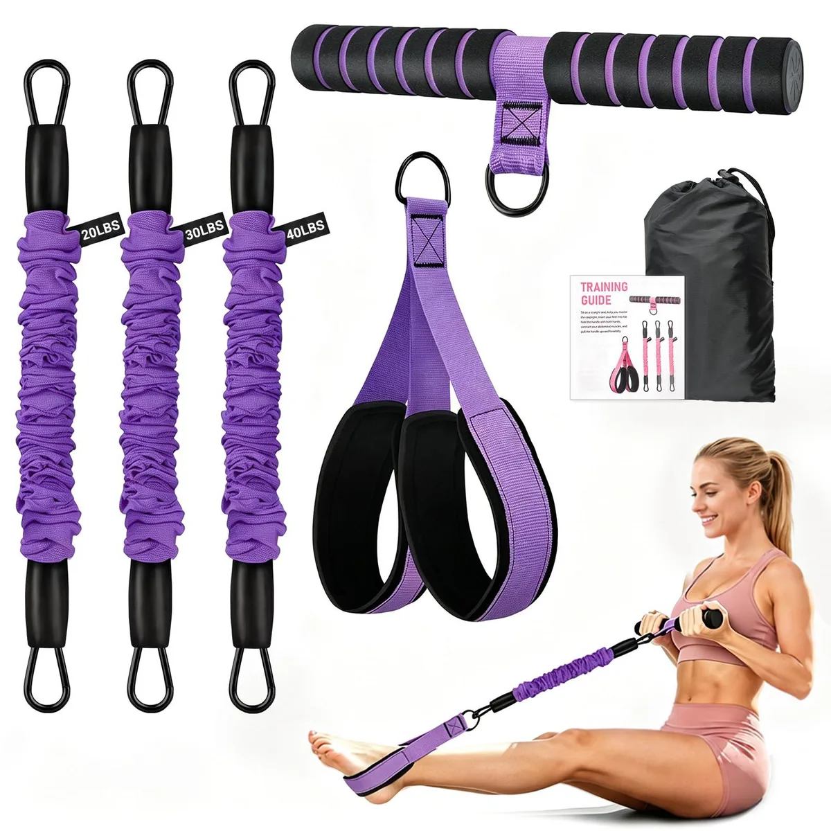 Purple pedal resistance band with handle and wide foot pegs