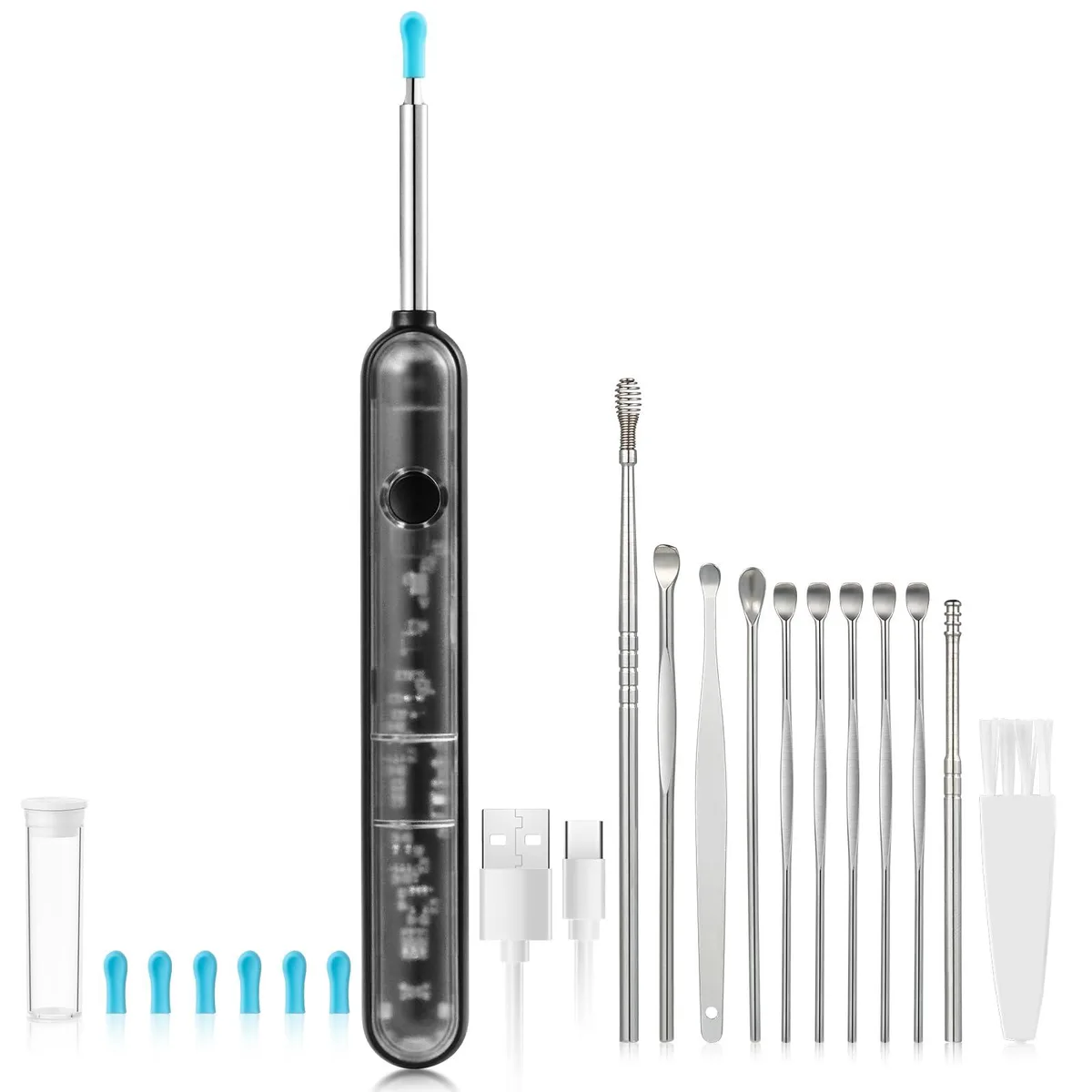 Slim white otoscope with camera tip, Type-C port, 11 metal picks and 7 silicone tips