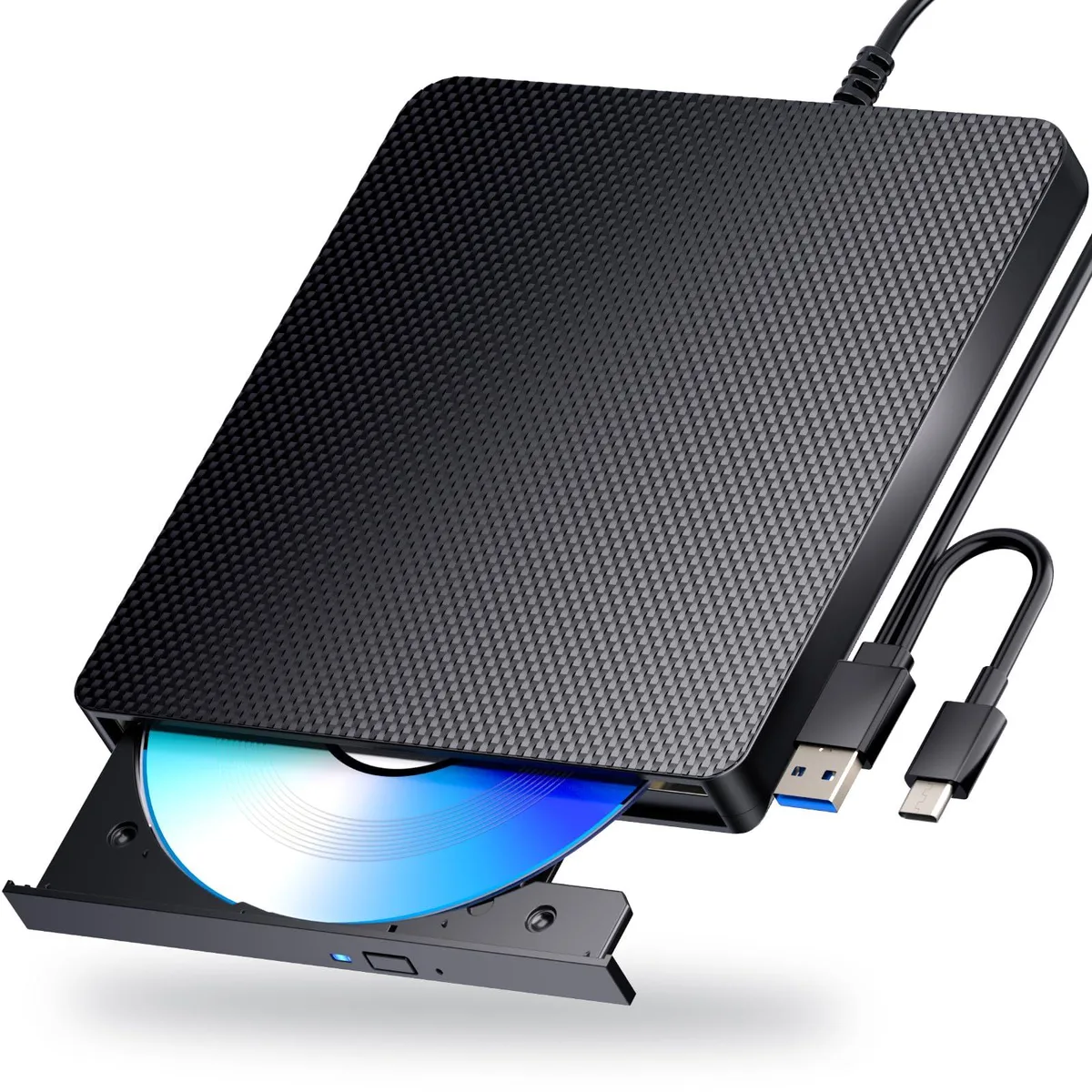 Black external Blu-ray drive with USB 3.0 and Type-C cables