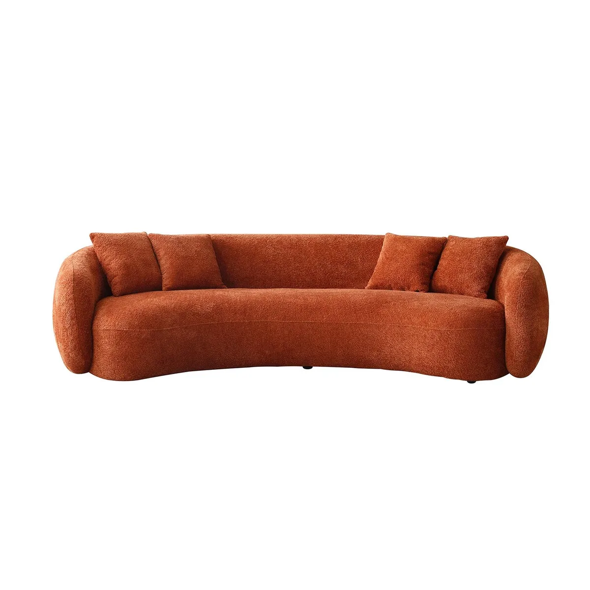 Curved orange boucle sofa with four throw pillows