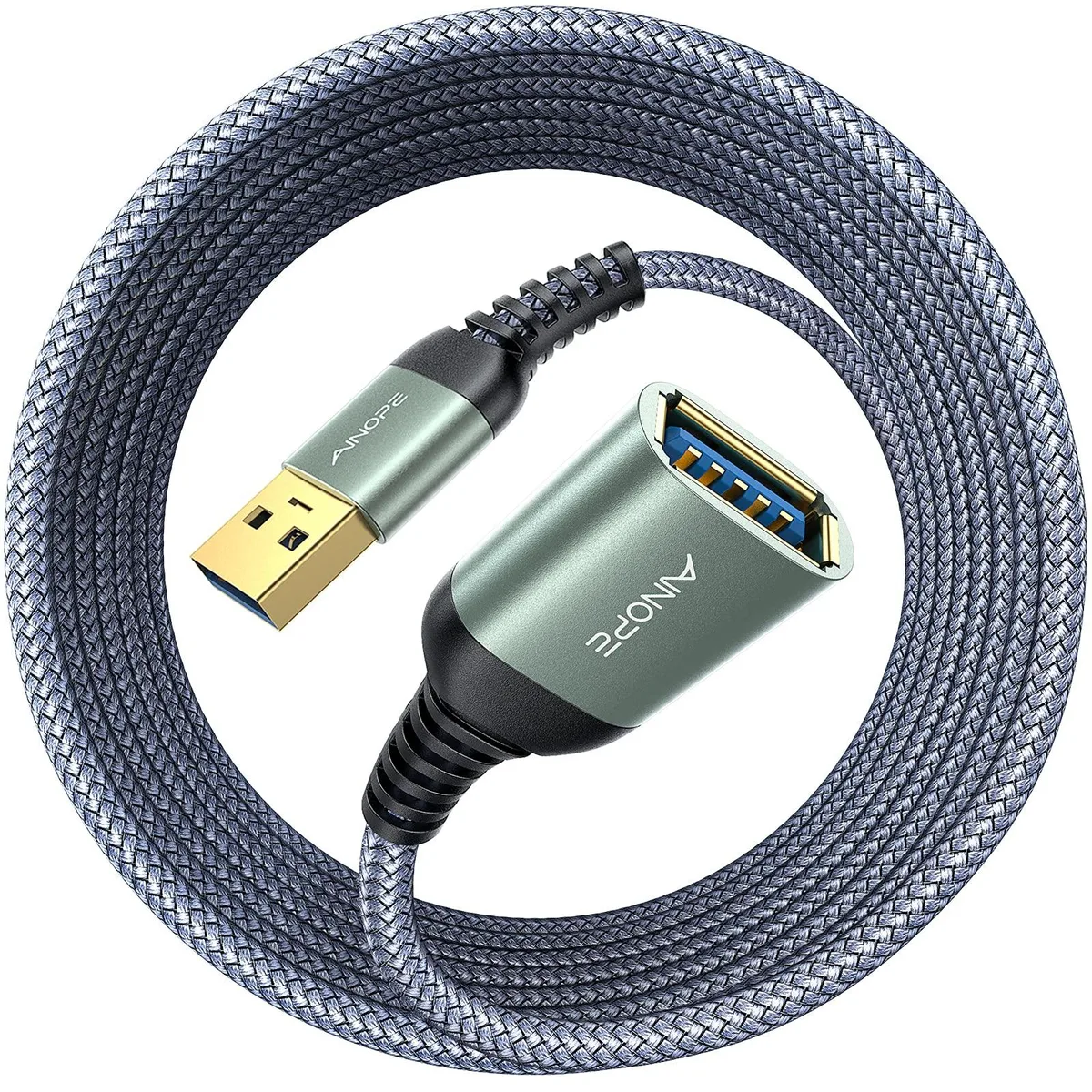  AINOPE USB 3.0 Extension Cable Male to Female Braided Grey 20 ft 2 Pack — product photo