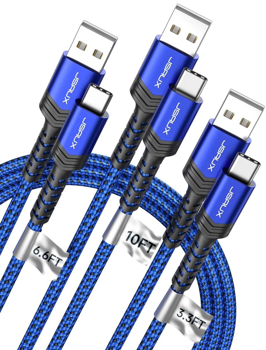 Three blue USB A to C cables in 3.3ft, 6.6ft and 10ft lengths with nylon braided finish