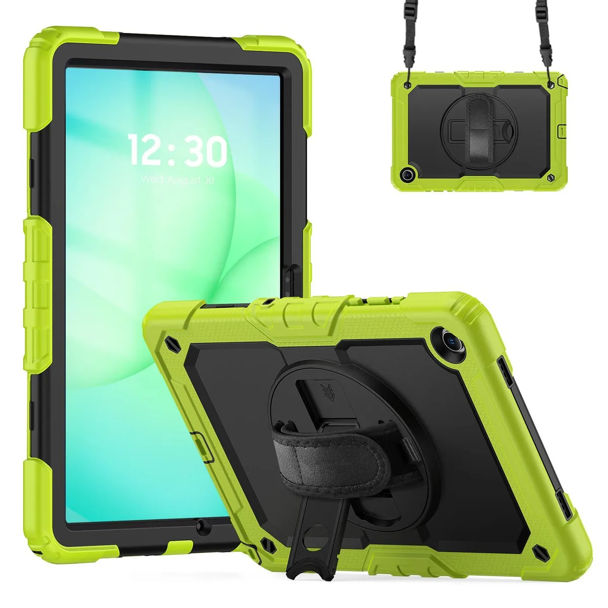 Green heavy-duty tablet case with 360° rotatable stand, detachable shoulder strap and pen holder