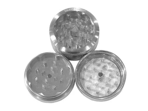 Small silver aluminium grinder with clear lid, two-piece design