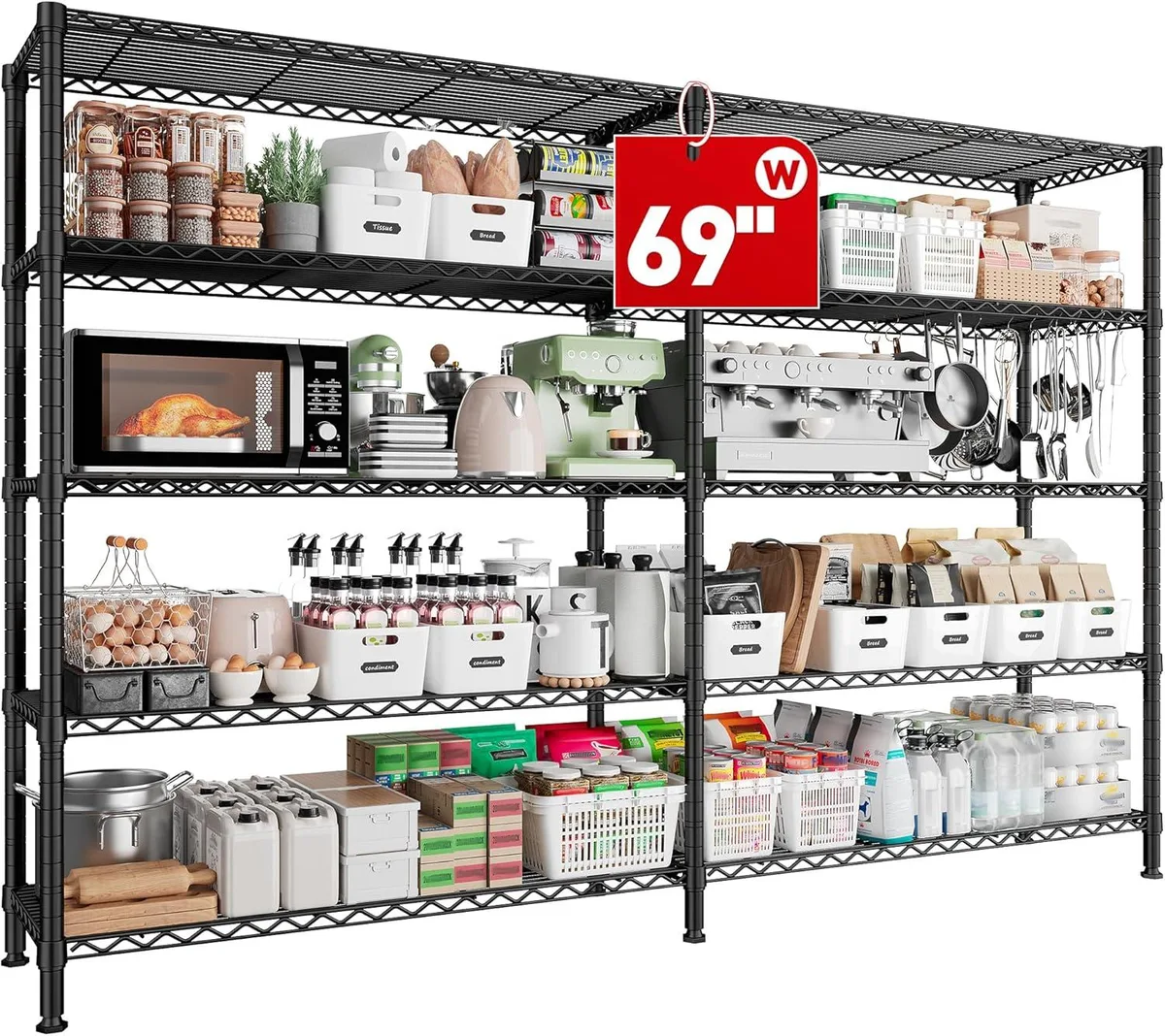 Tall wire shelving unit, five adjustable metal shelves, light grey finish, 69 inches wide by 72.5 inches high