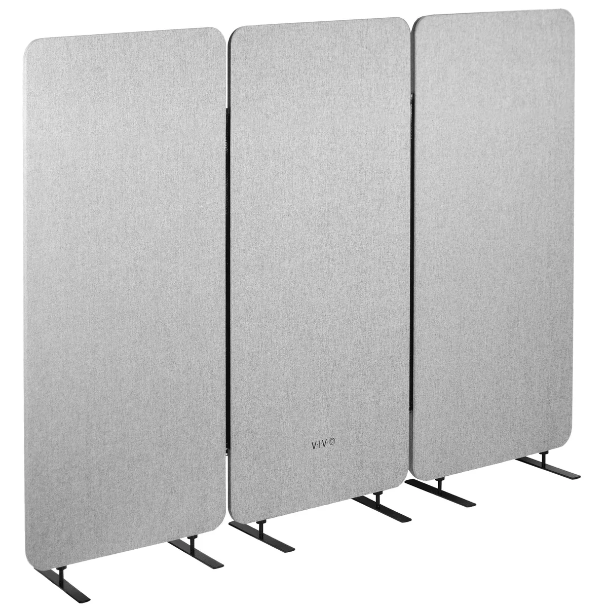 Three gray fabric panels on metal feet, zippered together into a curved room divider