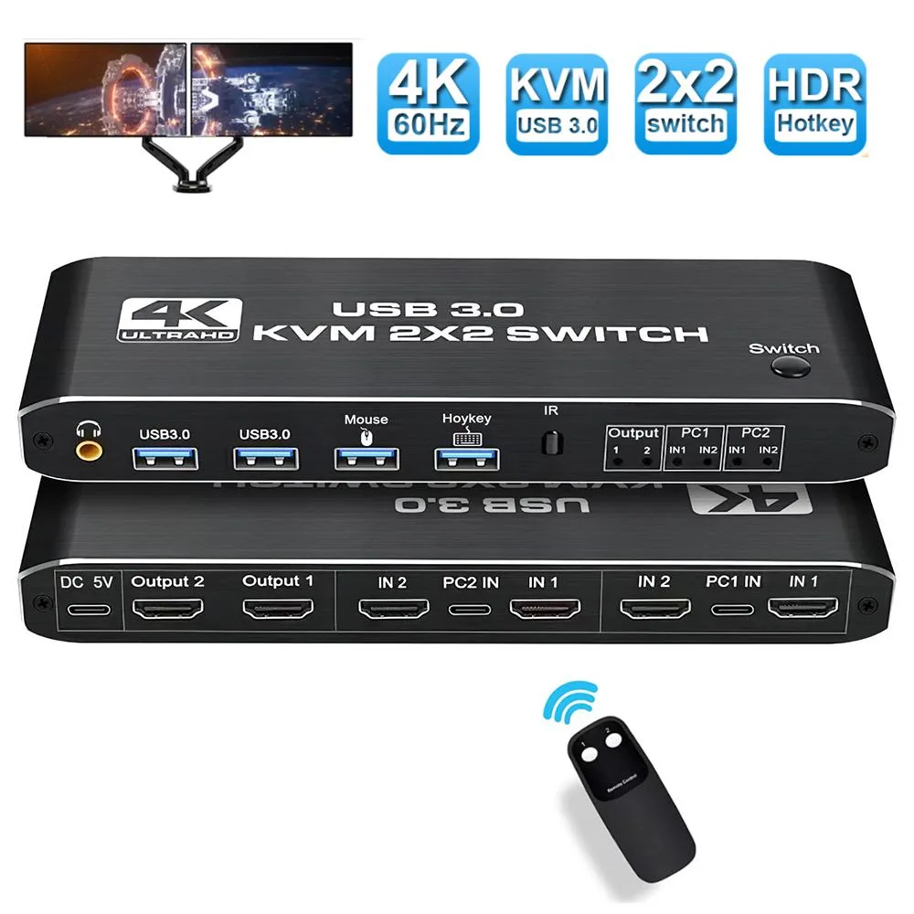 SMA SMA 2x2 4K 60Hz HDMI 2.0 KVM Switch 3.5mm Audio USB 3.0 — product photo