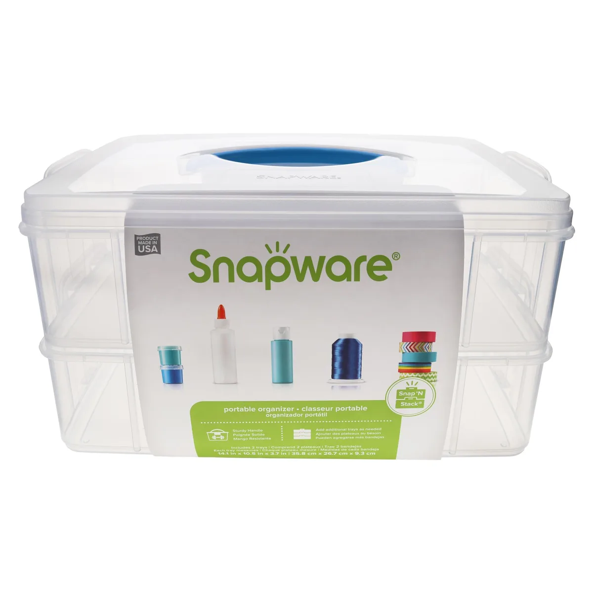 Twelve clear rectangular polypropylene bins with snap-locking lids, each 10.7 by 7.4 by 14.1 cm