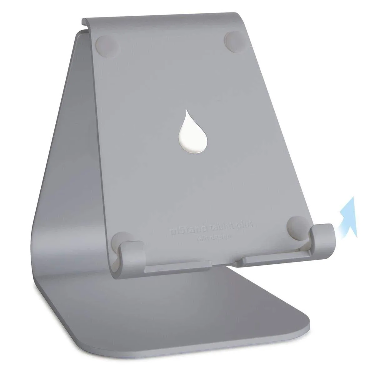 Space Gray angled tablet stand with hidden hinge, holds iPad portrait or landscape