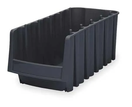 Black rectangular plastic storage bin with front label area, stackable design, 17 inches long