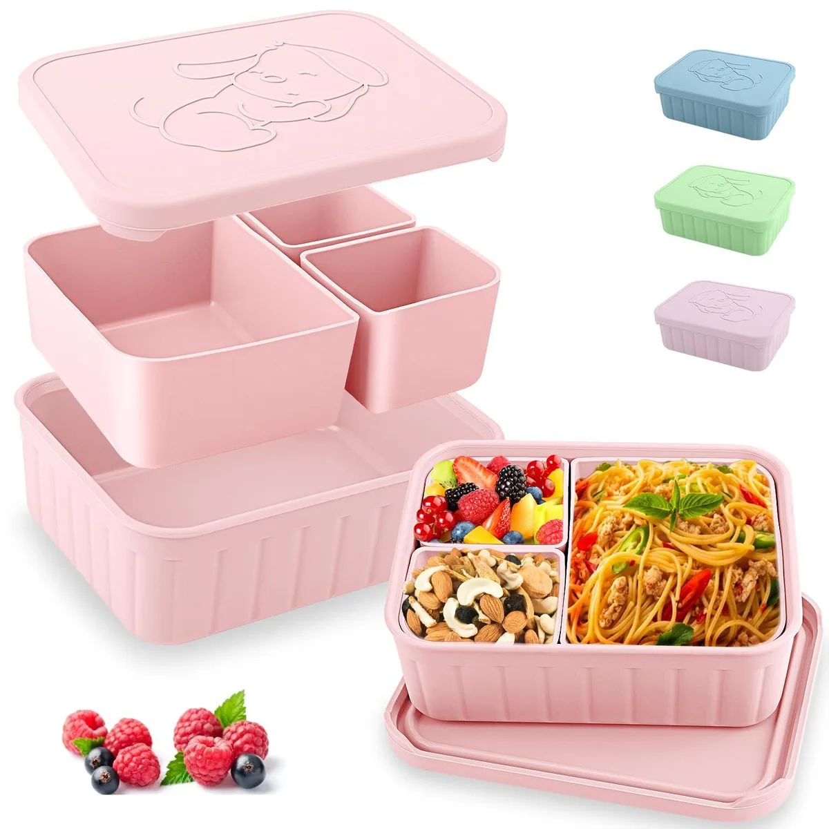 Beige silicone bento box with three removable compartments, 15 inches wide